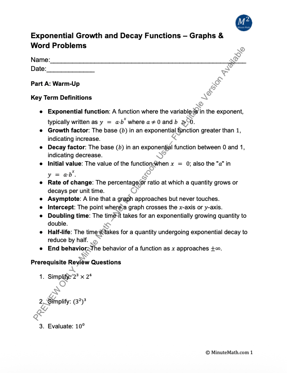 Exponential Growth and Decay Functions – Graphs & Word Problems