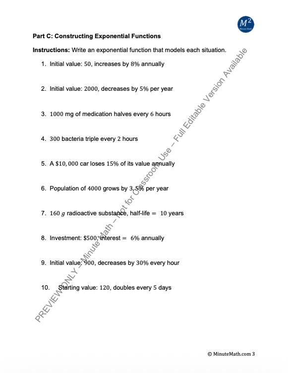 Exponential Growth and Decay Functions – Graphs & Word Problems