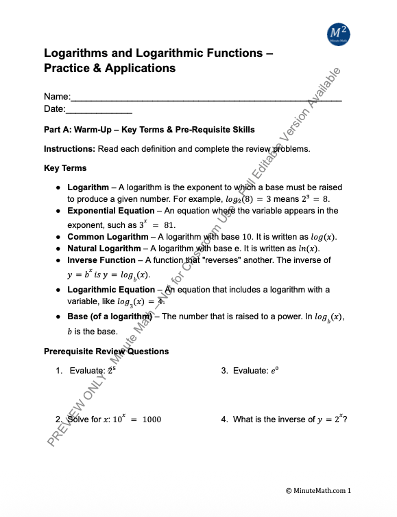 Logarithms and Logarithmic Functions – Practice & Applications