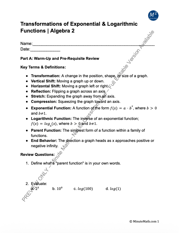 Transformations of Exponential & Logarithmic Functions | Algebra 2