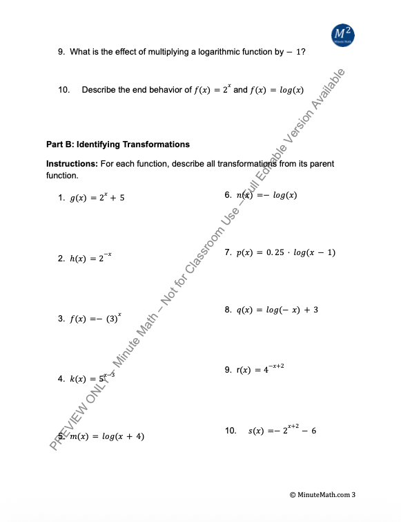 Transformations of Exponential & Logarithmic Functions | Algebra 2