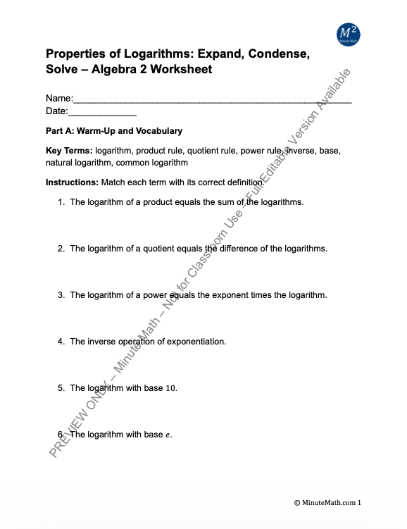 Properties of Logarithms: Expand, Condense, Solve – Algebra 2 Worksheet