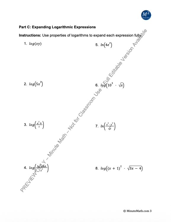 Properties of Logarithms: Expand, Condense, Solve – Algebra 2 Worksheet