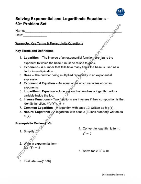 Solving Exponential and Logarithmic Equations – 60+ Problem Set
