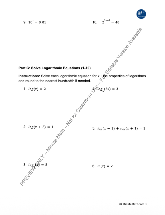 Solving Exponential and Logarithmic Equations – 60+ Problem Set